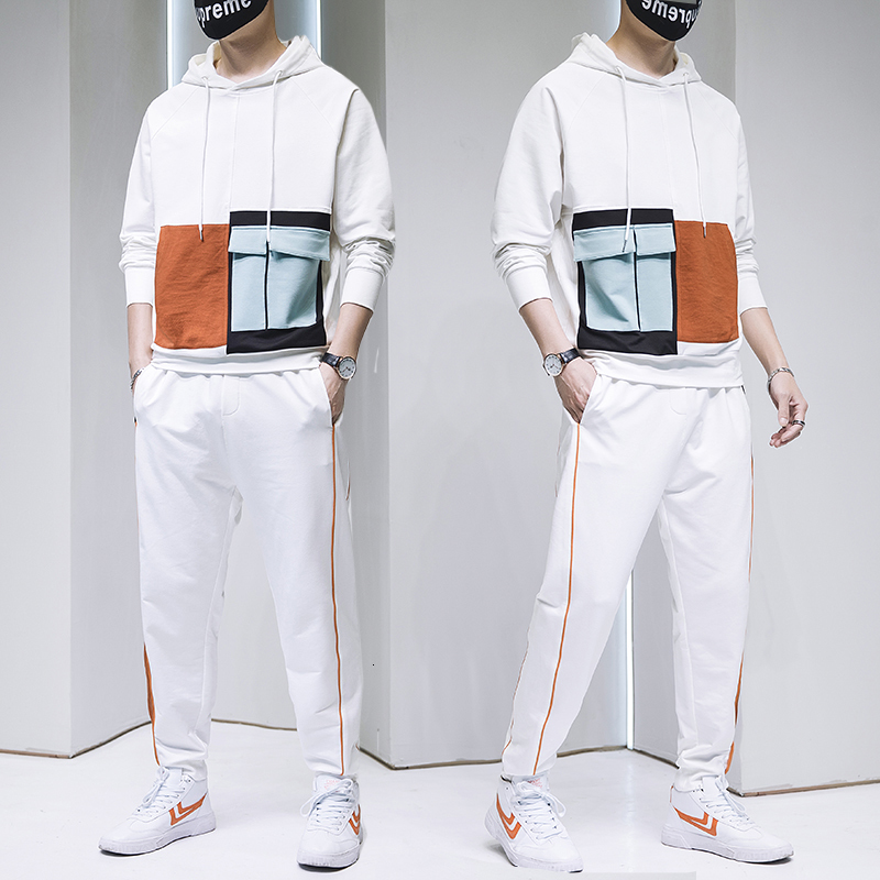 

Mens Casual Tracksuit Autumn New Male Patchwork Sets Sweatshirts+pants 2pc Men's Sportswear Hooded Men Clothing 2021 Streetwear P9jk Lds6, White