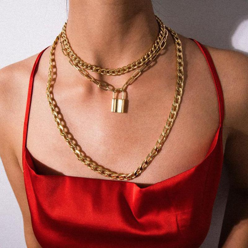 

Pendant Necklaces Punk Vintage Lock Gold Silver Color For Women Cuban Multilayered Chunky Thick Chain Choker Statement Jewelry