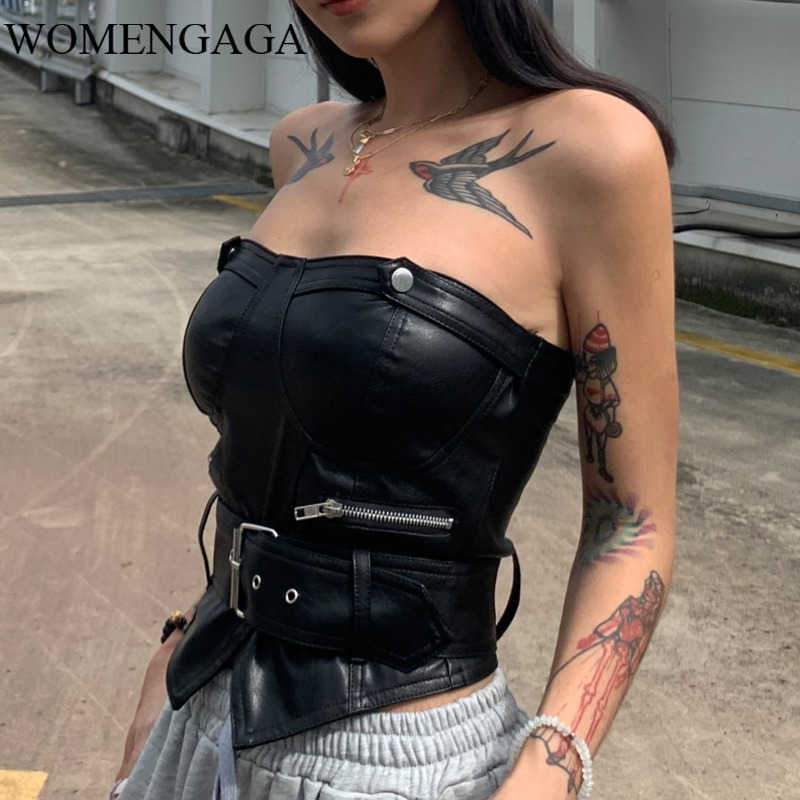 

WOMENGAGA Women Sweetheart Neckline PU Bandeau Corset With Waist Belt Faux Leather Crop Top Zip Tops Summer U8M1 210603, Black