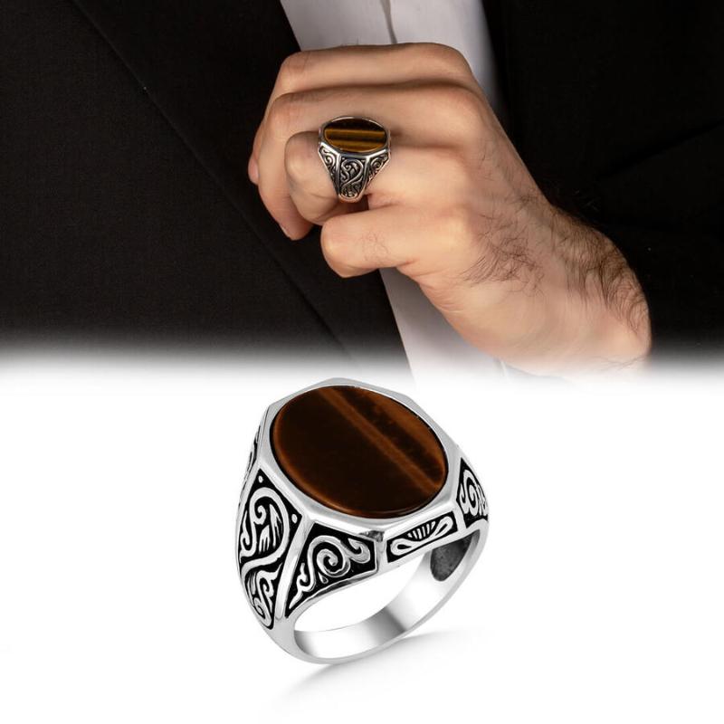 

Cluster Rings Men Silver Oval Claret Brown Tiger Eye Gemstone Ring Ottoman Motif Handmade Turkish Jewelry 925 Sterling