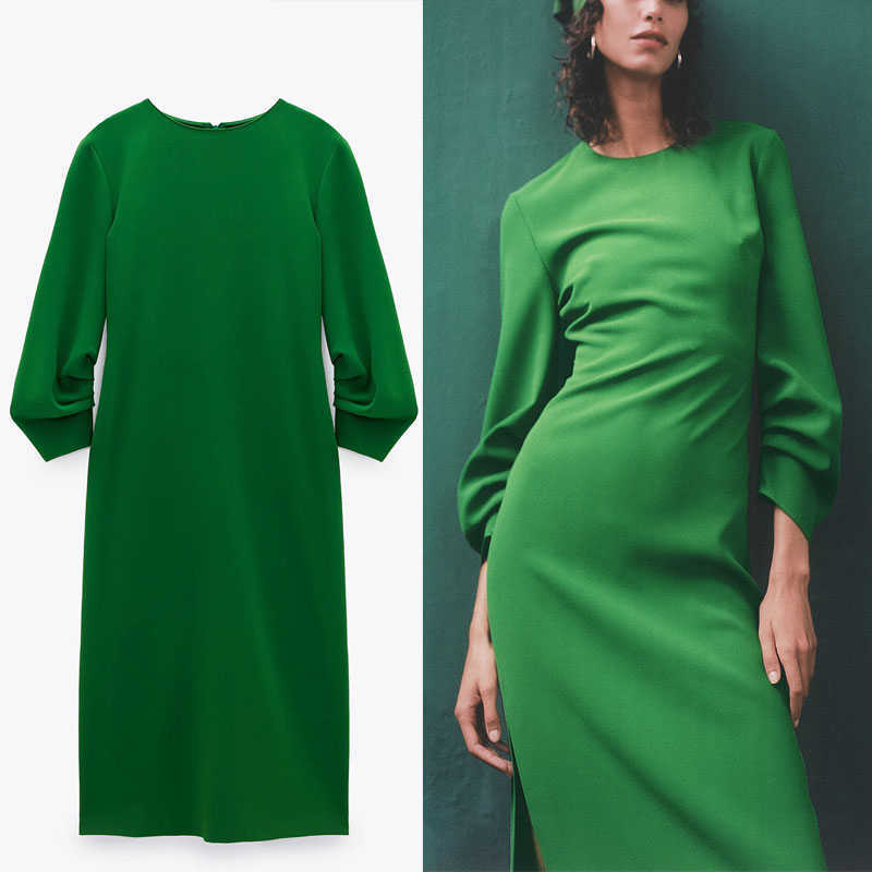 

Za Spring Ruched Green Dress Women Long Puff Sleeve Vintage Draped Party Dresses Woman Chic Back Zip Fitted Midi Vestidos 210602