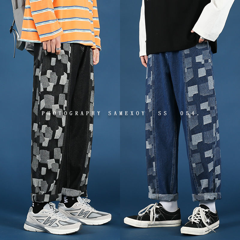 

New 2021 Men' Denim Blue Casual Washed Plaid Printing Jeans Splicing Color Wide Leg Pants High-quality Trousers -2xl 6iud, Black