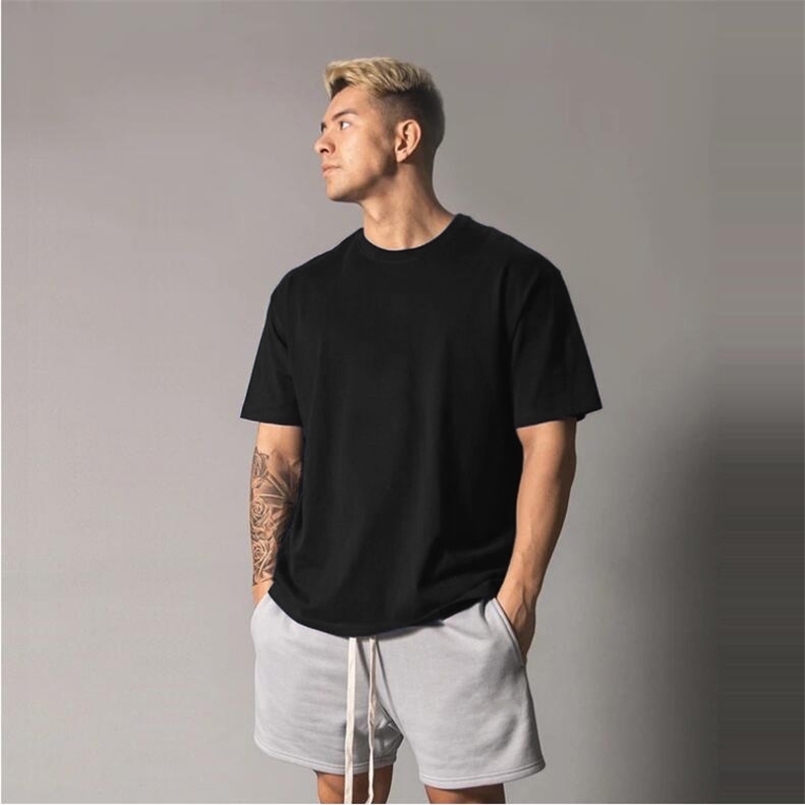 

Men's Oversized T shirt Solid Color Gym Clothing Bodybuilding Fitness Loose Sportswear T-shirt Streetwear Hip-Hop Tshirt 210721, Dark grey