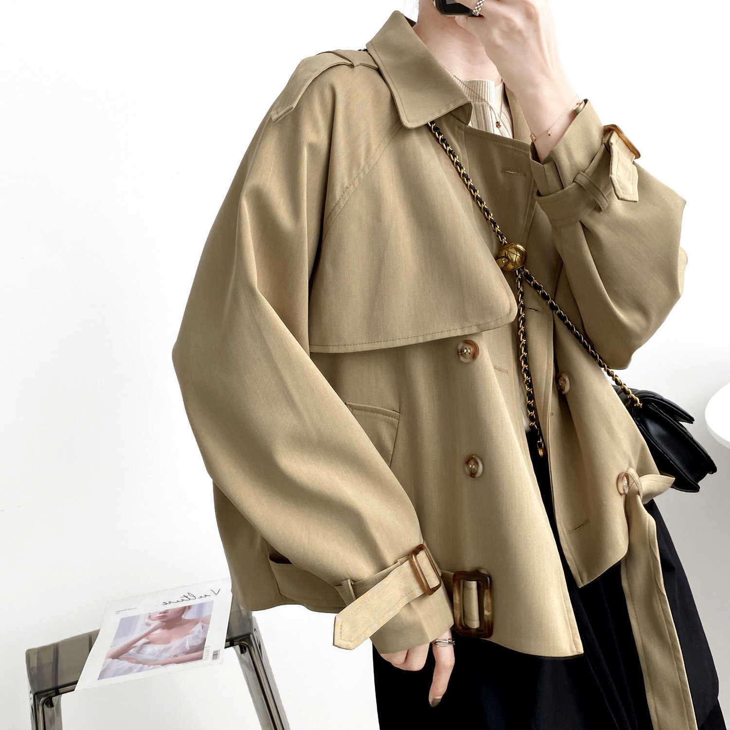 

Korean Solid Color Double-breasted Trench Coat Women's Autumn Loose Short Double Breasted Students 210607, Khaki