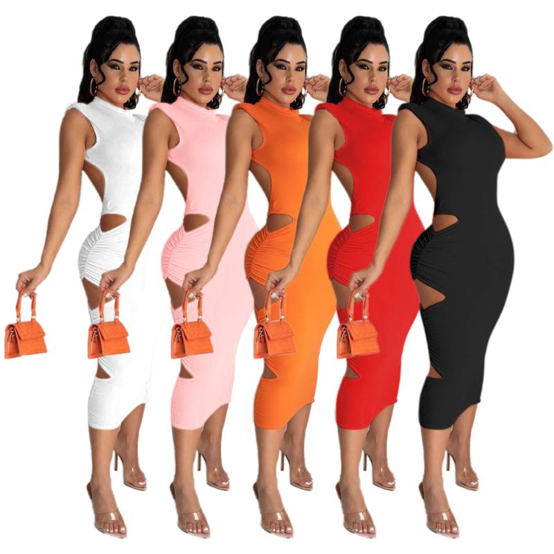

Casual Dresses Women Midi Dress Solid Hole Back Hollow Out Sleeveless O-neck Sheath Elastic Mid Calf Sexy Night Summer, Black;gray