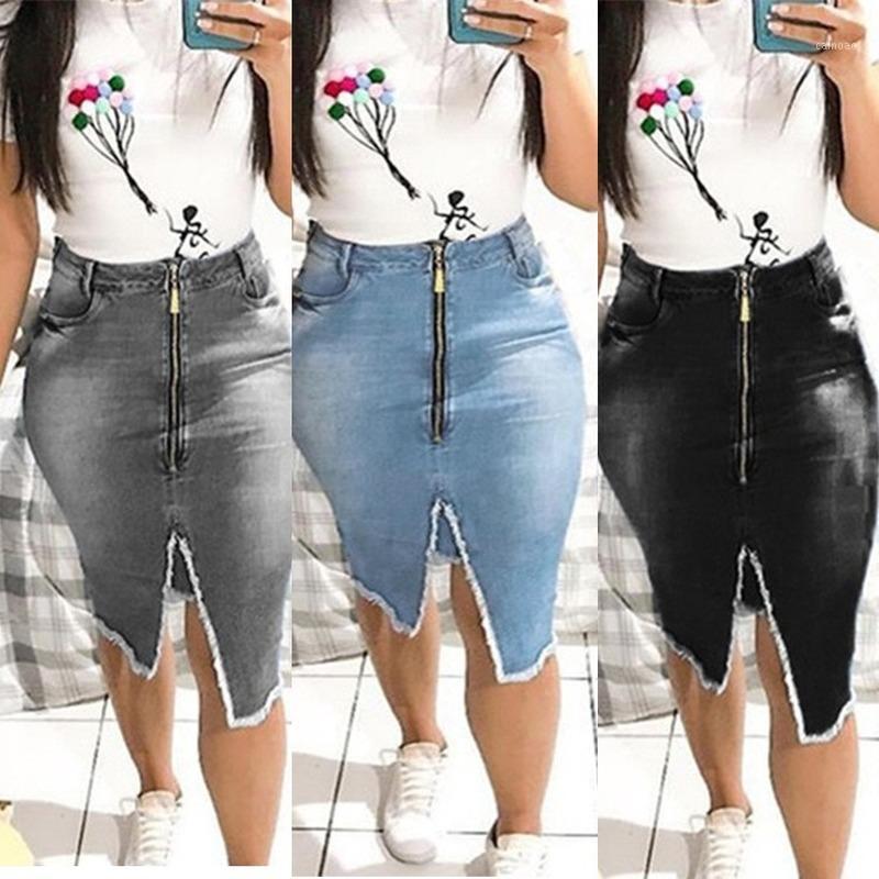 

Sexy Jean Skirts Women Plus Size Summer Washed Slim Fringed Denim Midi Skirt Knee-Length Pencil Lugentolo, Black