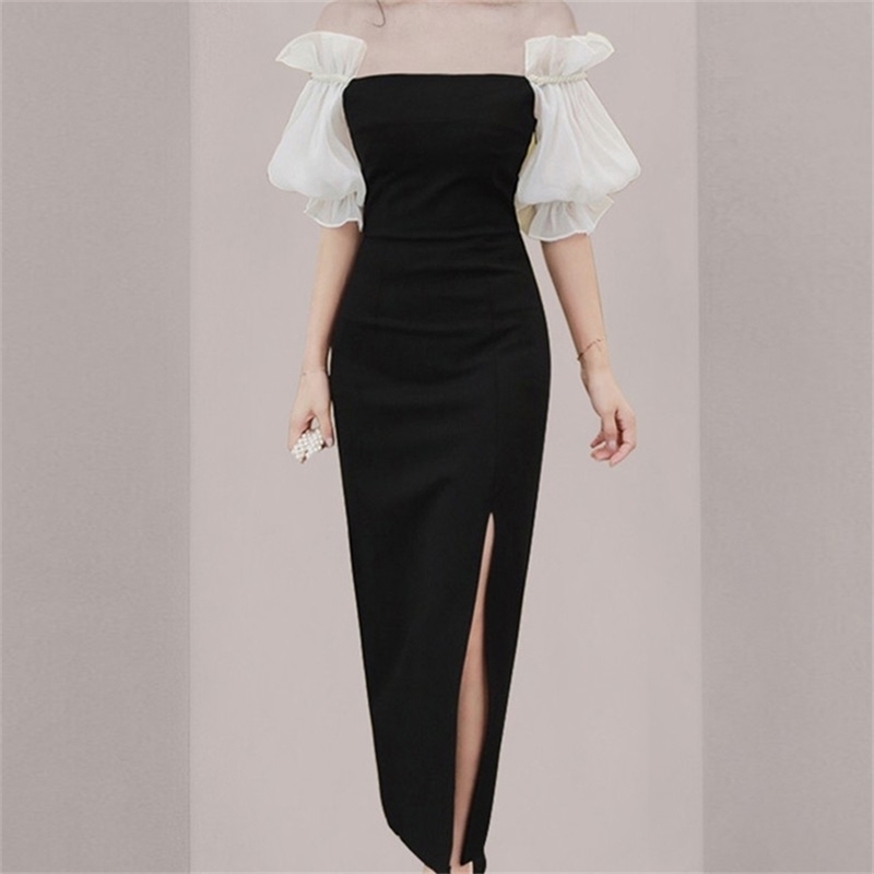 

women elegant sexy high slit slash neck strapless Lantern Sleev club slim dress bodycon Christmas senior party 210603, Picture color