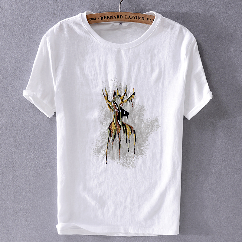 

2021 New Vero Novos Casual-manga Curta T-shirt Bordado Japons Dos Homens Da Tendncia Linho Branco De Algodo t Camisa Marca 77dh, White