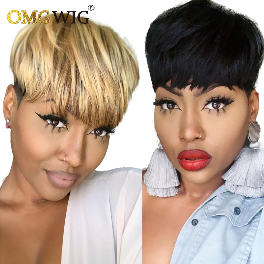 

Short Straight Bob Pixie Cut Non Lace Front Brazilian Human Hair black /ombre blonde Wig With Bangs For Black Women, Customize