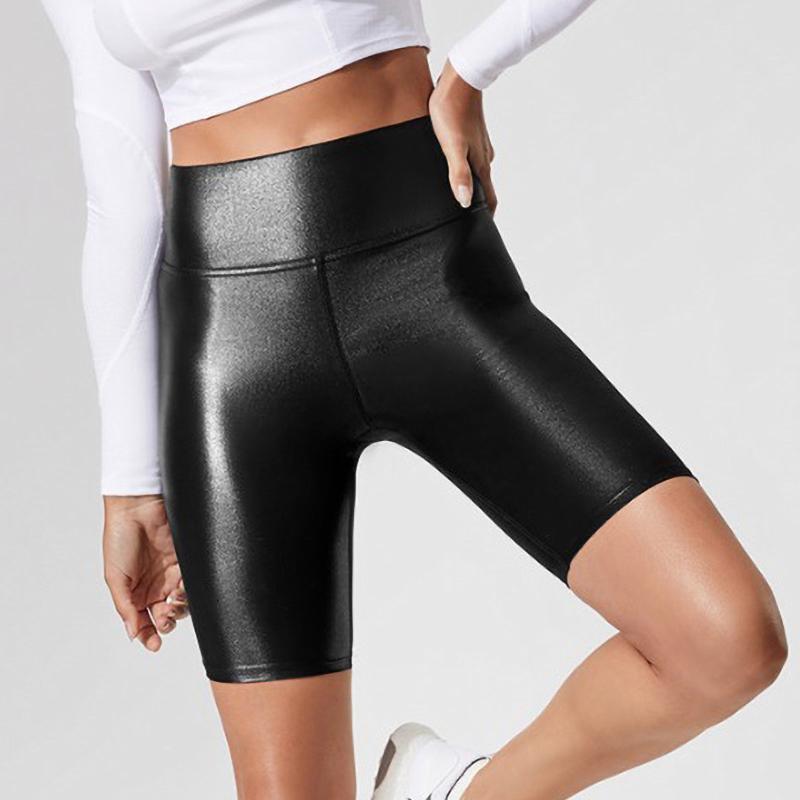 

Ladies High Waist Faux Imitation Leather Quarter Yoga Shorts Women Seamless Elastic Bottoming Sports Shorts yoga broek A20, Black