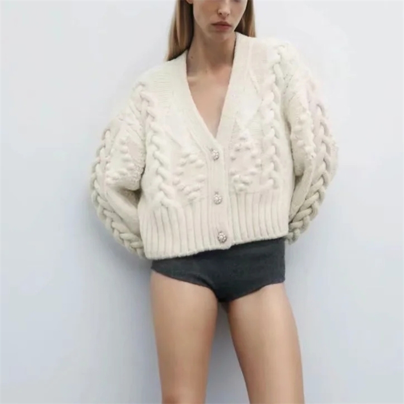 

Spring Diamond lattice long sleeve sweater v-neck woven lantern cardigan knit pullovers shirt for female 210524, Ivory