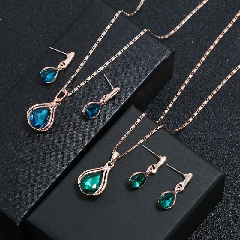 

Earrings & Necklace 3PCS / Set Luxury Wedding Pendant Rose Gold Green Blue Earring Crystal Jewellery, Silver