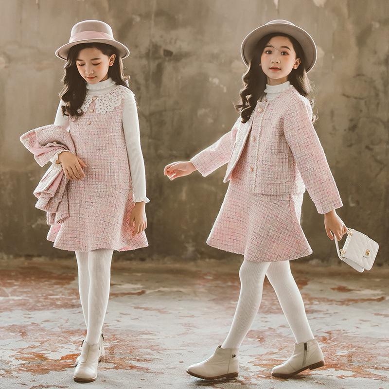 

Clothing Sets 2021 Autumn Girls Jacket Children's Korean-Style Plaid Suit Graceful Two-Piece Coat+ Skirt Suits, White