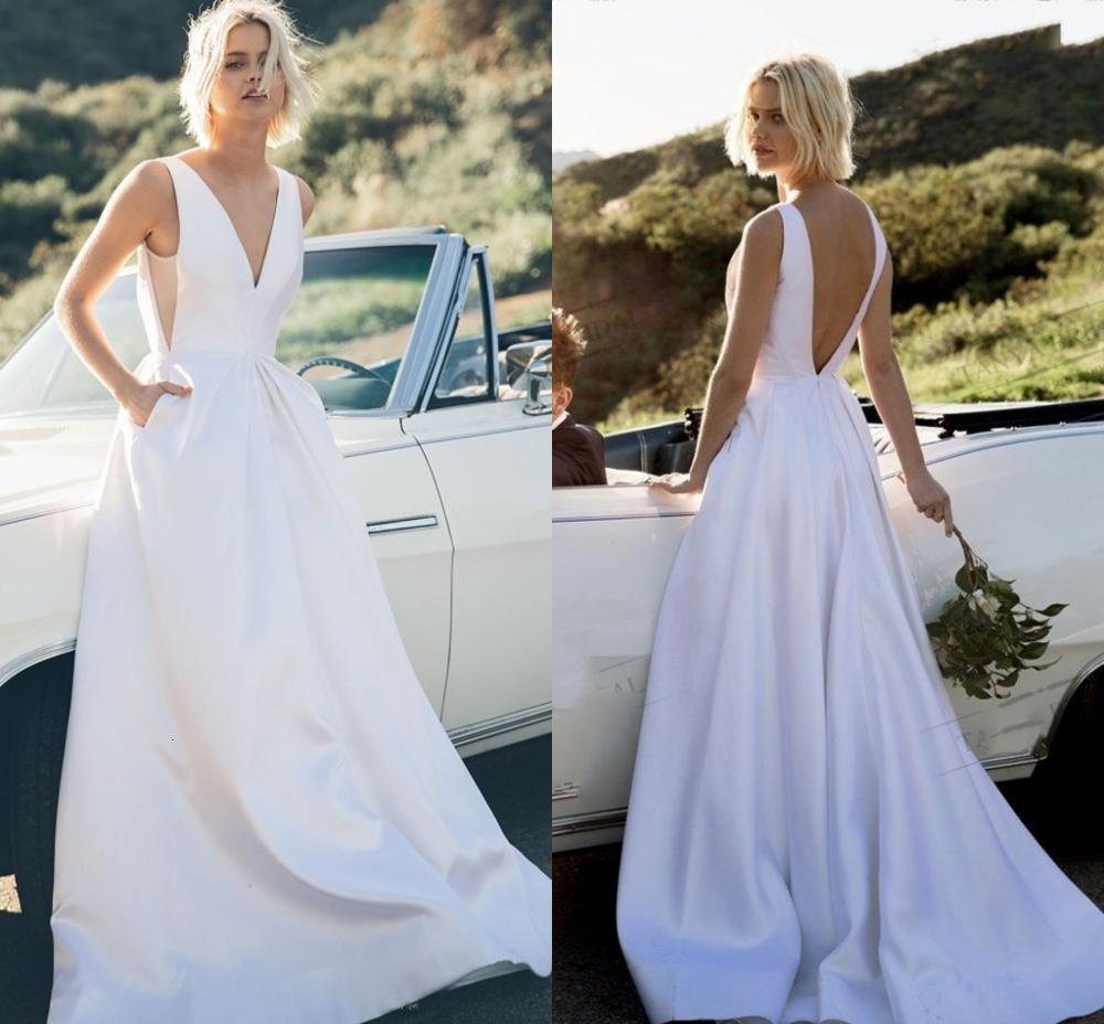 

2021 New Charming Satin V-neck A-line Wedding Es Backless Custom Made Floor Length Bridal Gowns Cheap Che7, Ivory
