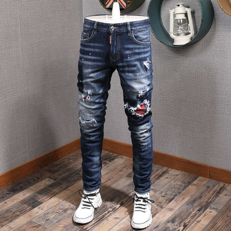 

Italian Style Fashion Men Jeans Retro Dark Blue Slim Fit Ripped Denim Pants Patchwork Designer Streetwear Hip Hop Long