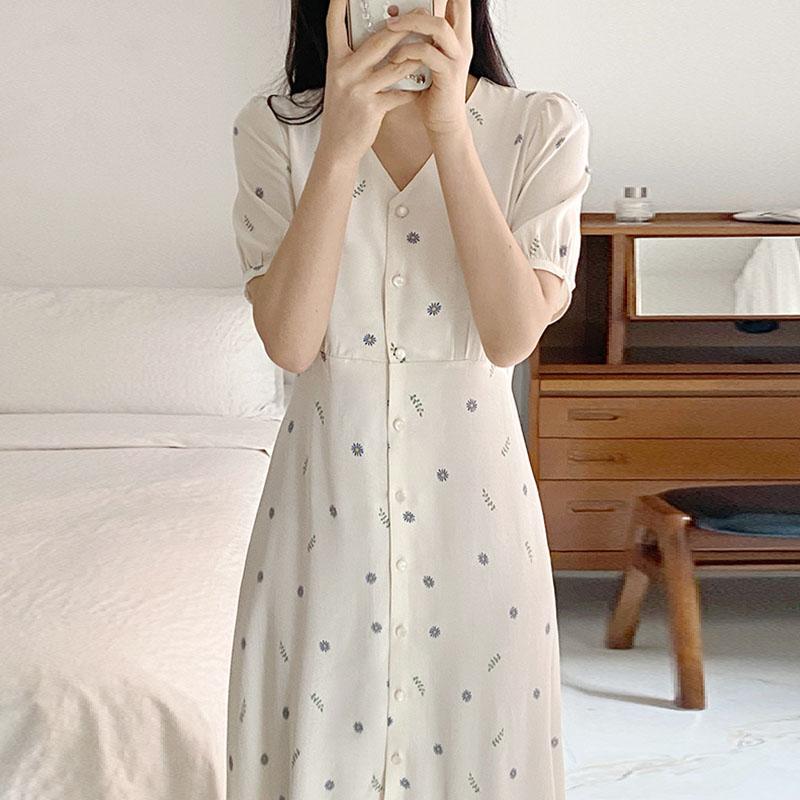 

Casual Dresses Korean Summer Print Floral Dress Women High Waist Short Sleeve Midi Long Sweet V-neck Single Breasted 14888, Black;gray