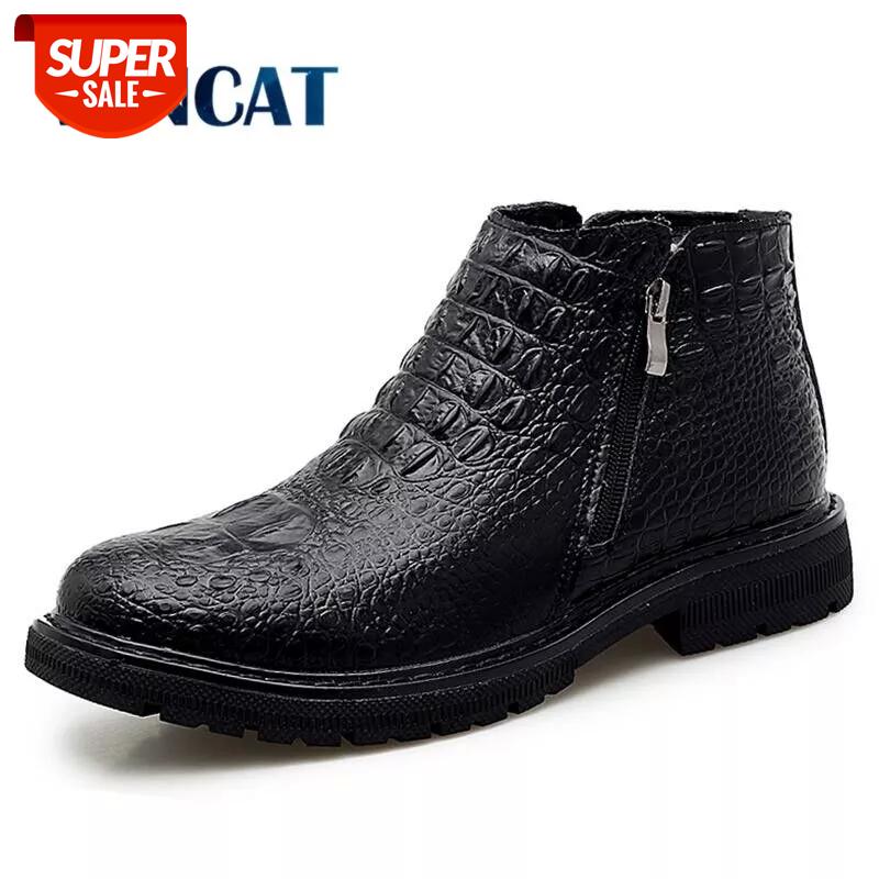 

High Quality Leather Business Men's Boots Autumn Winter Warm Fur Snow Boots Crocodile Pattern Men Ankle Men's Shoes #1S9E