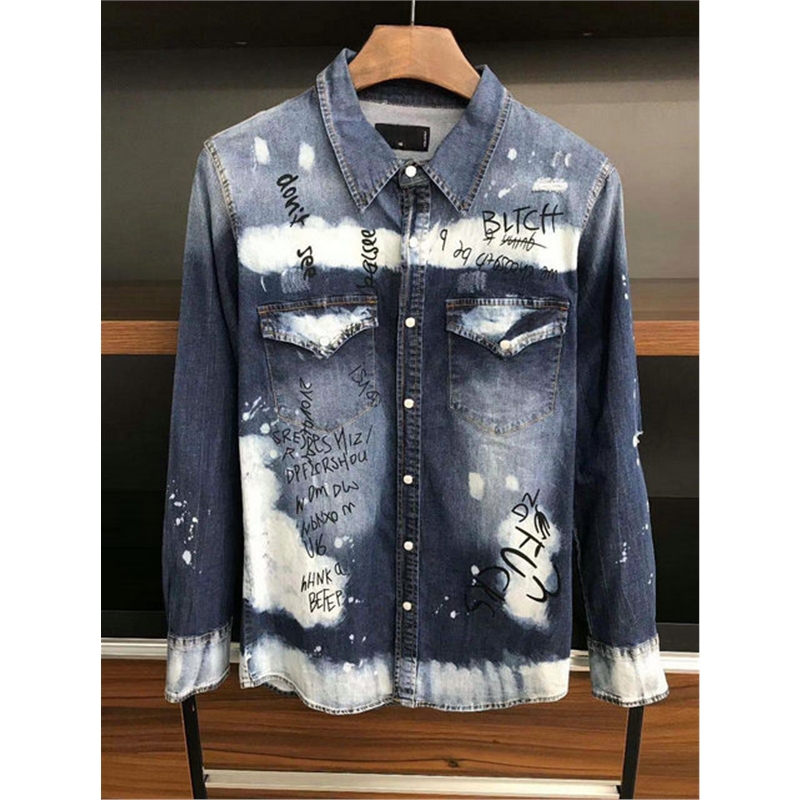 

Top clothes Camisa Masculina 2021 Spring Mens Shirt Casual Slim Fit JEAN Hip Hop Ripped Jeans Shirts Man Long Sleeve Denim shirt -3XL, White;black