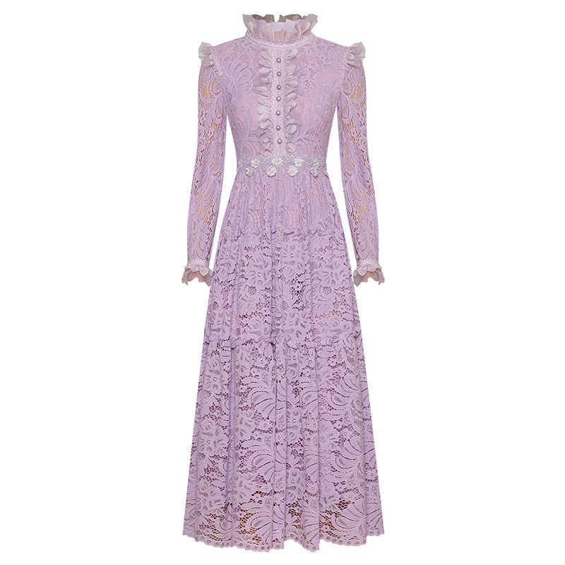 

HIGH QUALITY est Fashion S/S Designer Runway Women's Long Sleeve Ruffle Lace Dress 210526, Blue