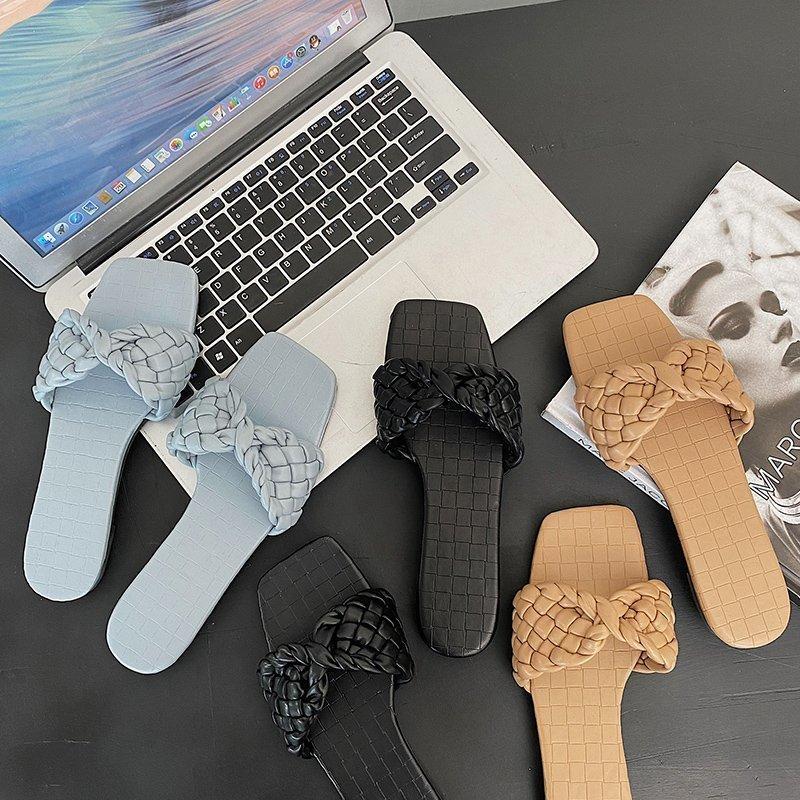 

Slippers Fashion Weave Women Square Toe Flat Casual Shoes Slide 2021 Summer Flip Flops Beach Sandal Slipper Big Size42, Blue