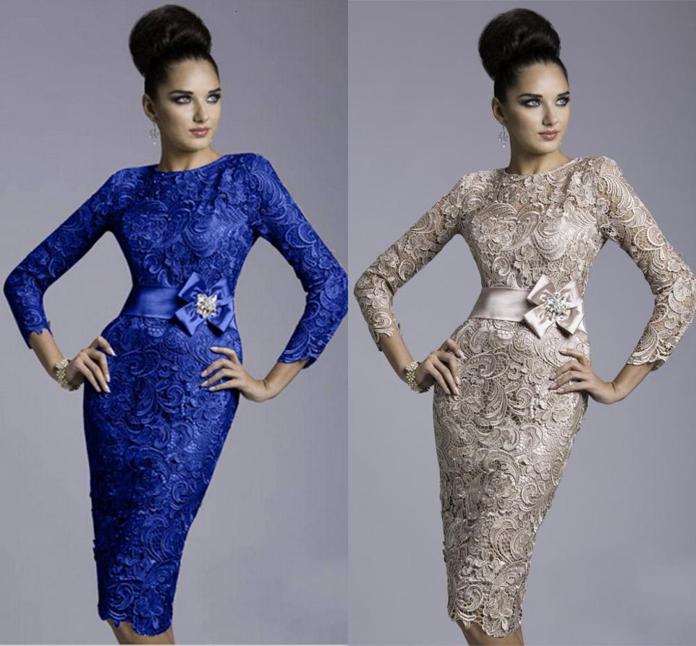 

2021 New Elegant Blue Scoop Sheath Lace Prom Long Sleeve Knee Length Short Cocktail Party Gowns Robe De Soriee 1nab
