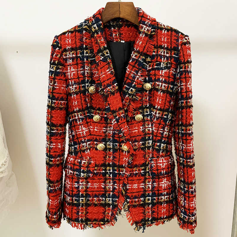 

Red Plaid T Blazer Women 2021 Autumn Winter New Long Sleeve Double Breasted Gold Button Shawl Collar Woolen Blazers Jackets X0721, Plaid shorts