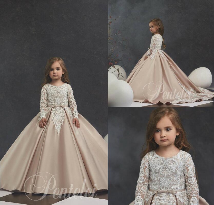 

Champagne Ball Gown Flower Girl Dresses Lace Appliqued Satin Long Sleeve Girls Pageant Dress Little Girl First Holy Communion Gowns, Red