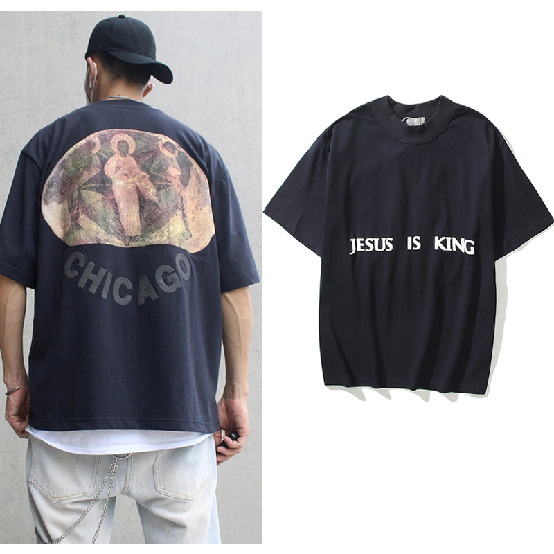 

2021 New Kanye Oeste Pintura a Leo Carta Es Solta t Camisas Masculino e Feminino High Street Manga Curta Oversize Tshirt Gola Alta Dy4a, Pic color6
