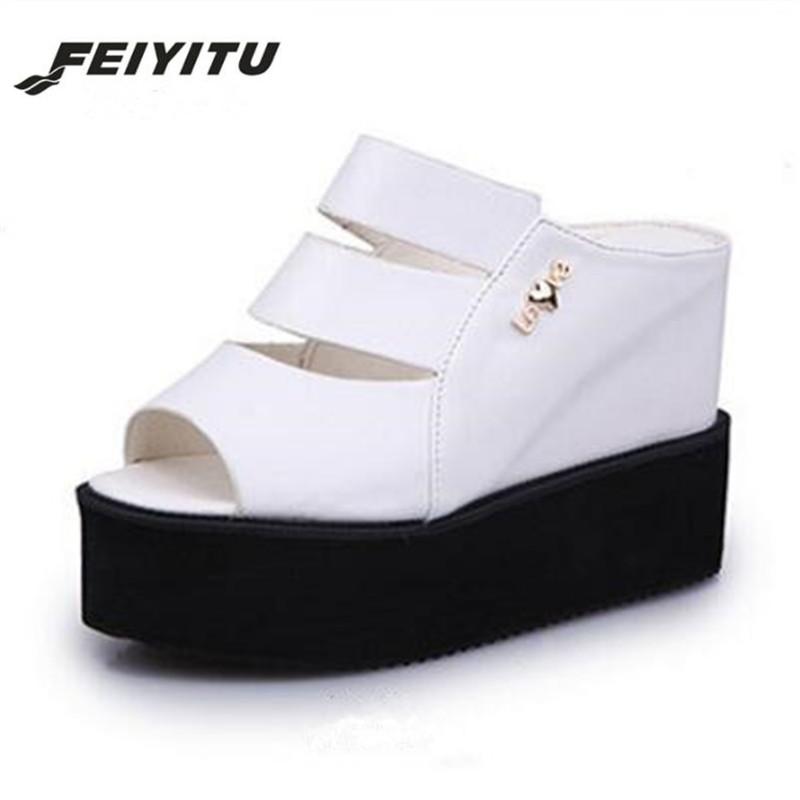 

Slippers FeiYiTu Women Summer Slides Fashion Leisure Shoes Platform Wedges Peep Toe Thick PU Leather Casual, Black