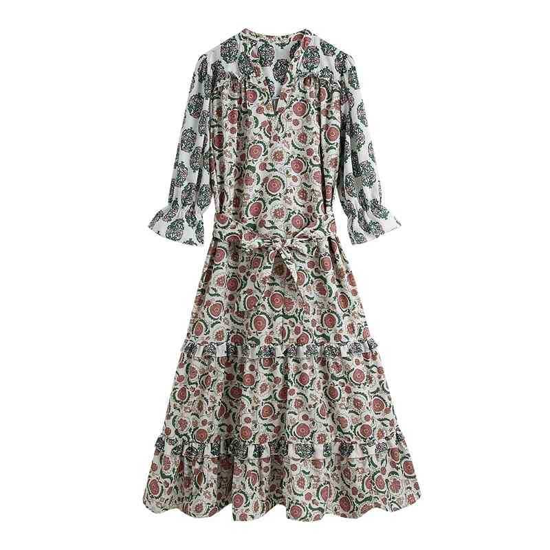 

Fashion A line Floral Dress Women Elegant Puff Sleeve High Waist Midi V neck Party Vacation Beach 210525, Green