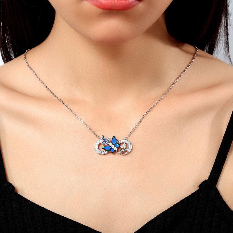 

Pendant Necklaces Blue Butterfly For Women Aesthetic 925 Silver Teen Girls Necklace Hollow 8 Word Figure Crystal Female Jewelry