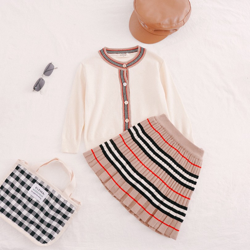 

baby girls designer clothing sets fashion autumn kids knit outfits fall children long sleeve cardigan + stripe pleated skirt 2pcs suits S1240, As the picture