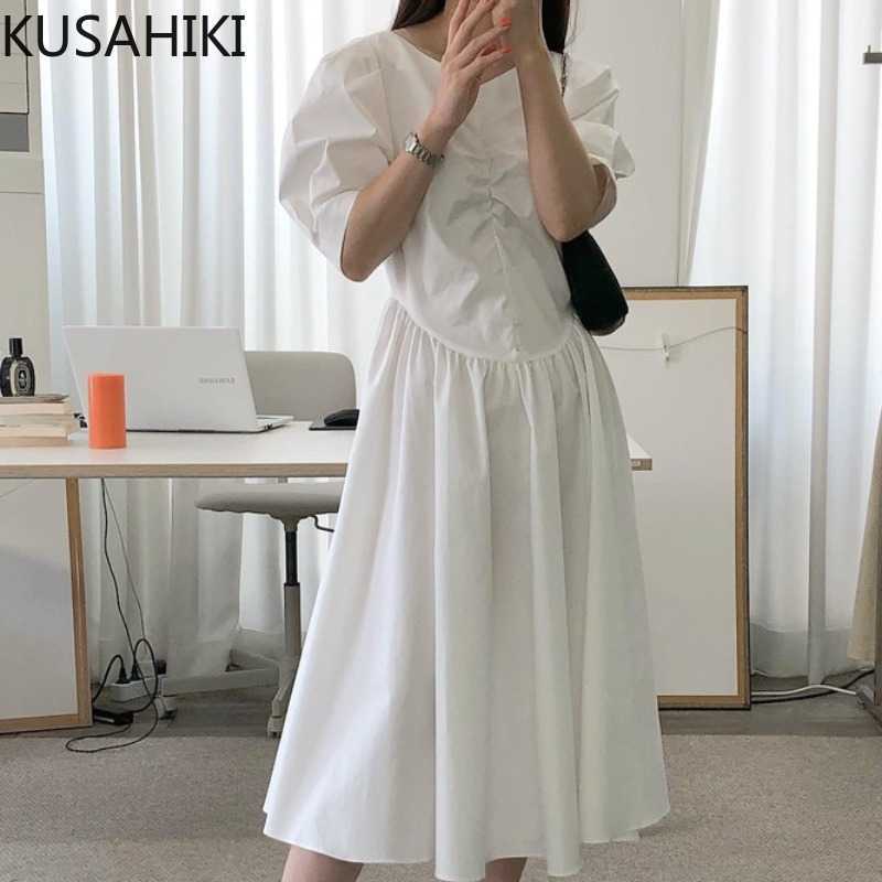 

Woman Dress Korean Pleated Slim Waist Elegant A-line Vestidos Femme Summer Puff Sleeve V-neck Dresses 6G967 210603, Black