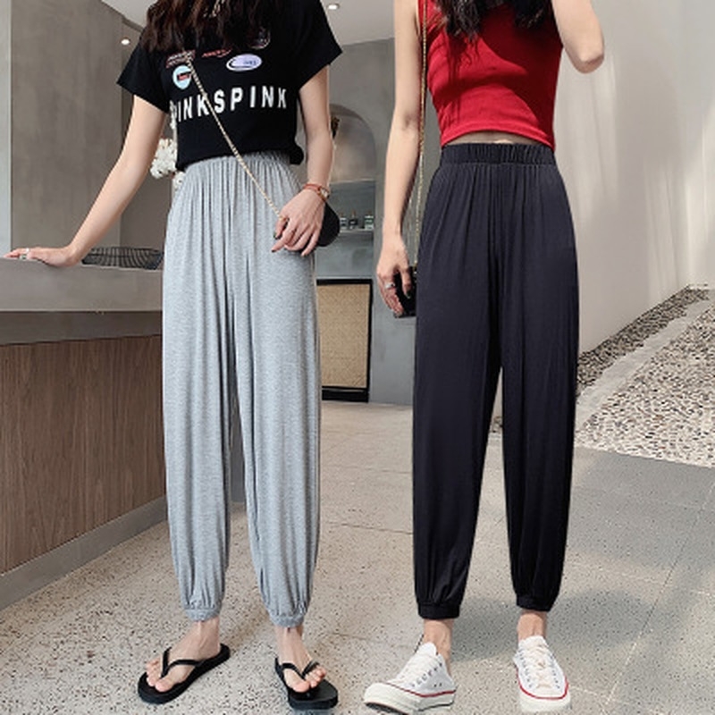 

Asual Plus Size Tracksuit Woman Summer Modal Elastic Waist Pants Female Pajama Trousers Beach Capris Lady Lounge Wear 210603, Dark gray