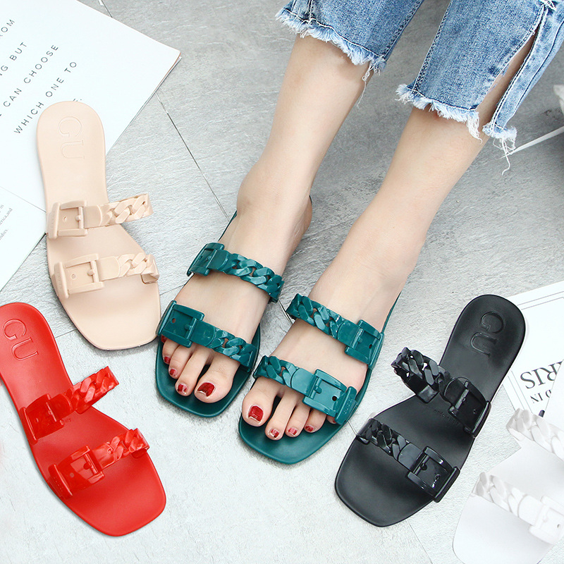 

luxury slippers 2021 women's fashion summer leisure pvc slippers g family chain square head sho net red slipper, Black