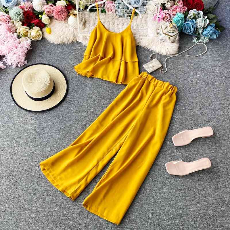

Women Sexy Ruffles Shirt Tops + Slim Straight Pants Beach Outfit Summer Clothes Woman Chiffon Two Piece Sets Femme 210602