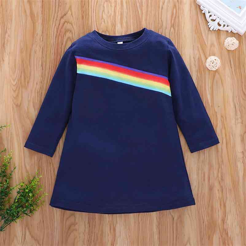 

Autumn Winter Girls Dress Long Sleeve O Neck Print Rainbow Cute Sweet Baby Vestidos 18M-6T 210629, Blue