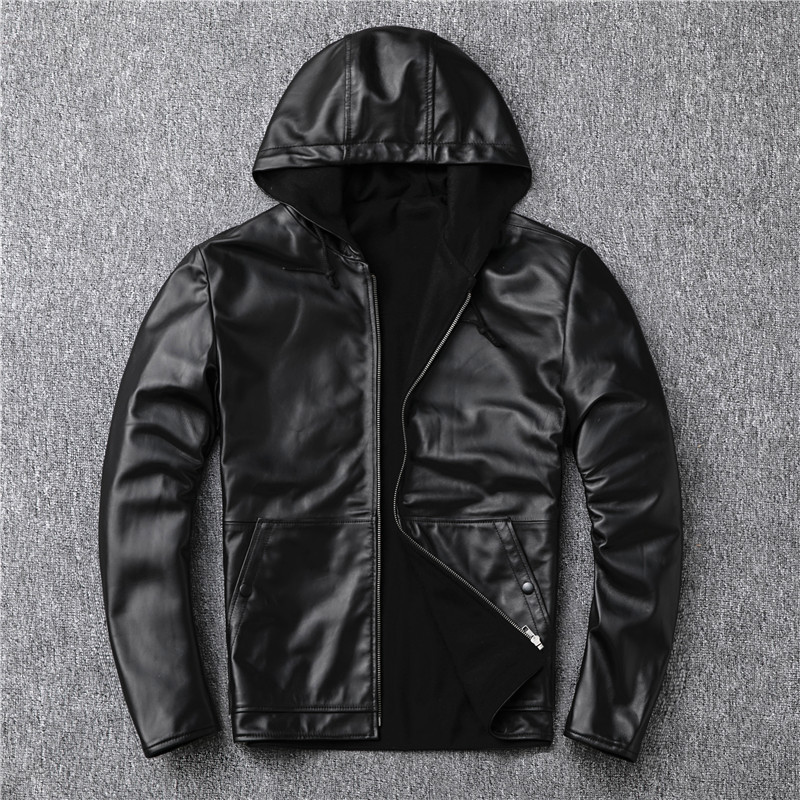 

Sheepskin leather jacket men thick warm fur coats cashmere tops autumn outerwear overcoat hoodies Black motorcycle biker hooded casual jackets man clothes