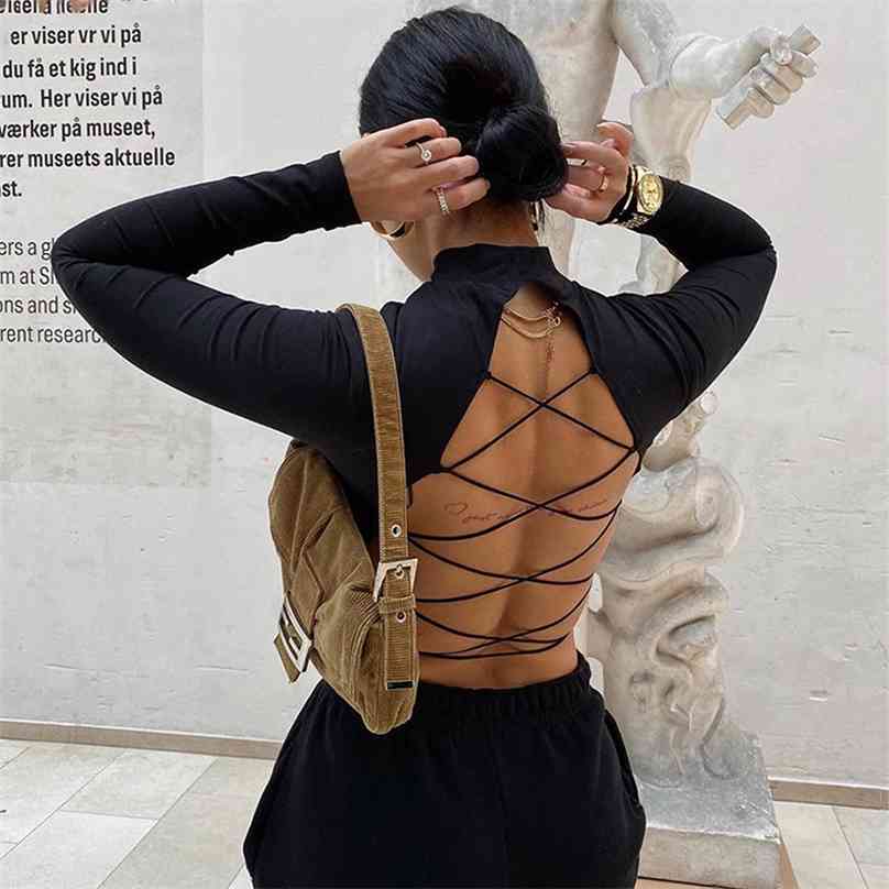 

Women Sexy Harajuku Open Back T-shirt Long Sleeve Top Cropped Summer Tops White clothes shirt vintage tshirt tee drop 210607