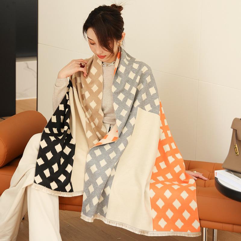 

Scarves Plaid Print Winter Cashmere Scarf Women Long Shawl And Wrap Hijab Warm Blanket Thick Bufanda Pashmina Lady Neckerchief Echarpe, Blue;gray