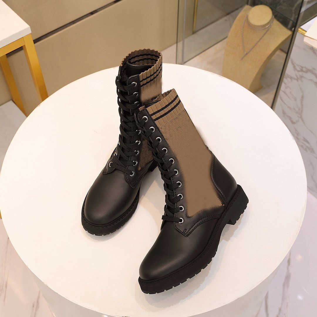 2021 Luxury Designer Woman ROCKOKO Black Leather Biker Boots with Stretch Fabric Lady Combat Ankle Boot Flat Shoes Size 35-42