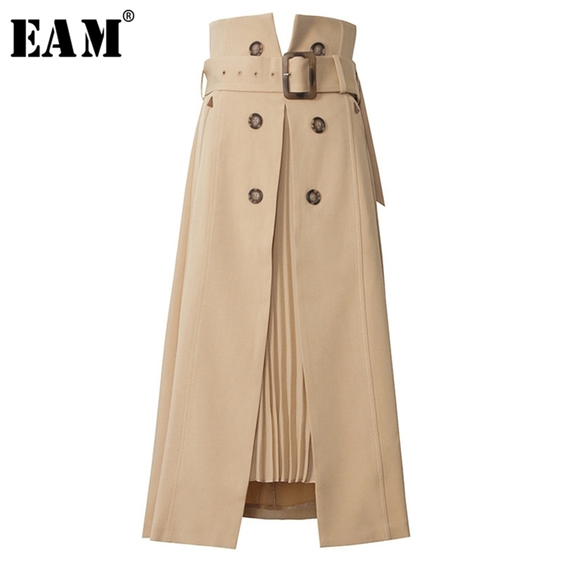 

[EAM] High Waist Brown Bandage Asymmetrical Pleated Temperament Half-body Skirt Women Fashion Spring Autumn 1S464 210702