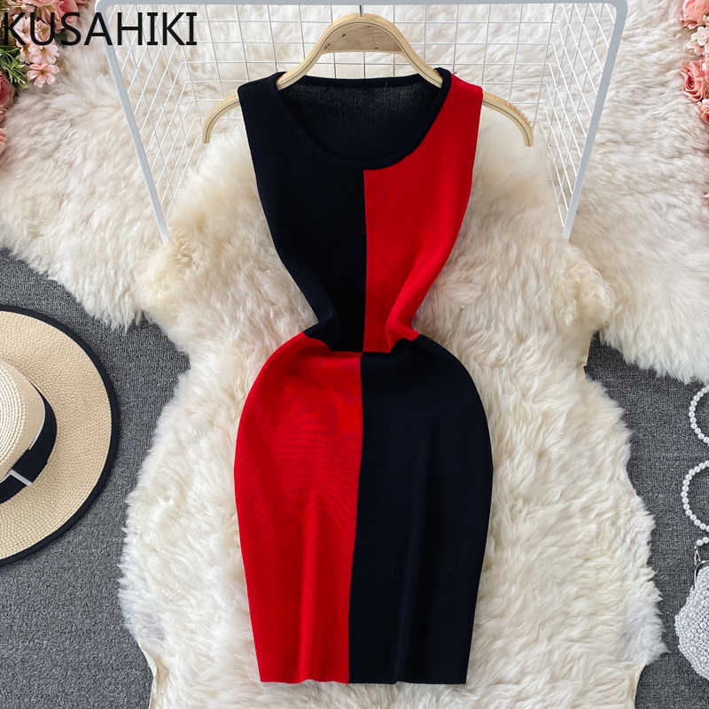 

KUSAHIKI Korean Contrast Color Knitted Dresses Elegant Sleeveless O-neck Bodycorn Dress Women Summer Sweater Vestidos 6J472 210602, White