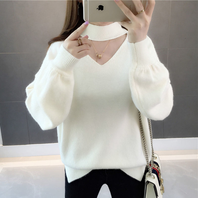

2021 New Women Autumn Winter Half Turtleneck Hollow Out Pullover Bottoming Knitted Tops Korean Solid Loose Lantern Sleeve Sweater Pse0, Green