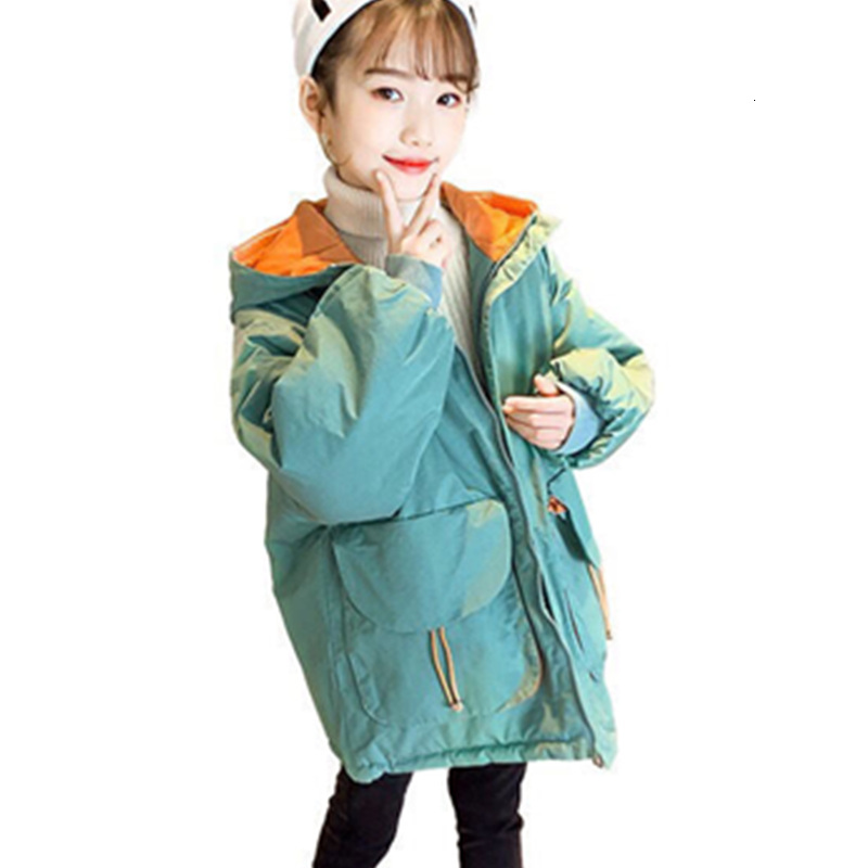 

2021 New Winter Thick Hot Girls Color Parka Pockets with Hoodie Jackets Style Korean Children Outerwear Vztc, Blue;gray