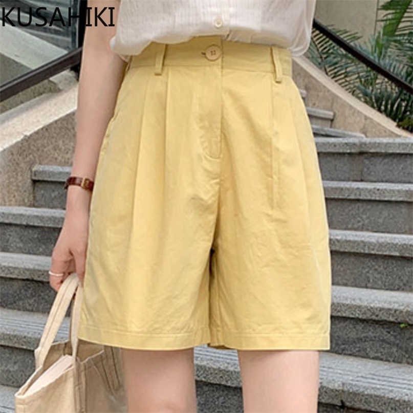 

Summer Women Shorts Korean Fashion Bottoms Causal Solid High Waisted Wide Leg Short Feminimos 6H784 210603, Apricot