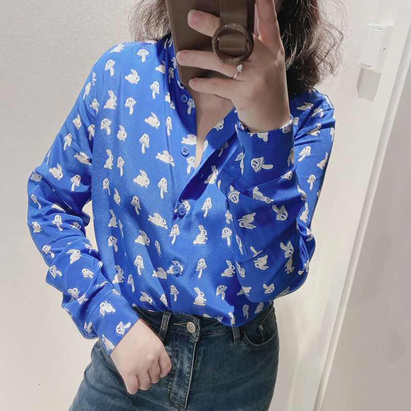 

2021 New Bonito Pequeno Coelho Cogumelo Estampado Blusa Azul Feminino Senhoras Camisa Feminina Camisas De Manga Comprida Tops 7k6c, Black