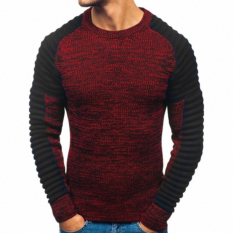 Men's Pullover Color Block Long Sleeve Sweater Cardigans Round Fall Winter Dark Gray Red Q1pq#