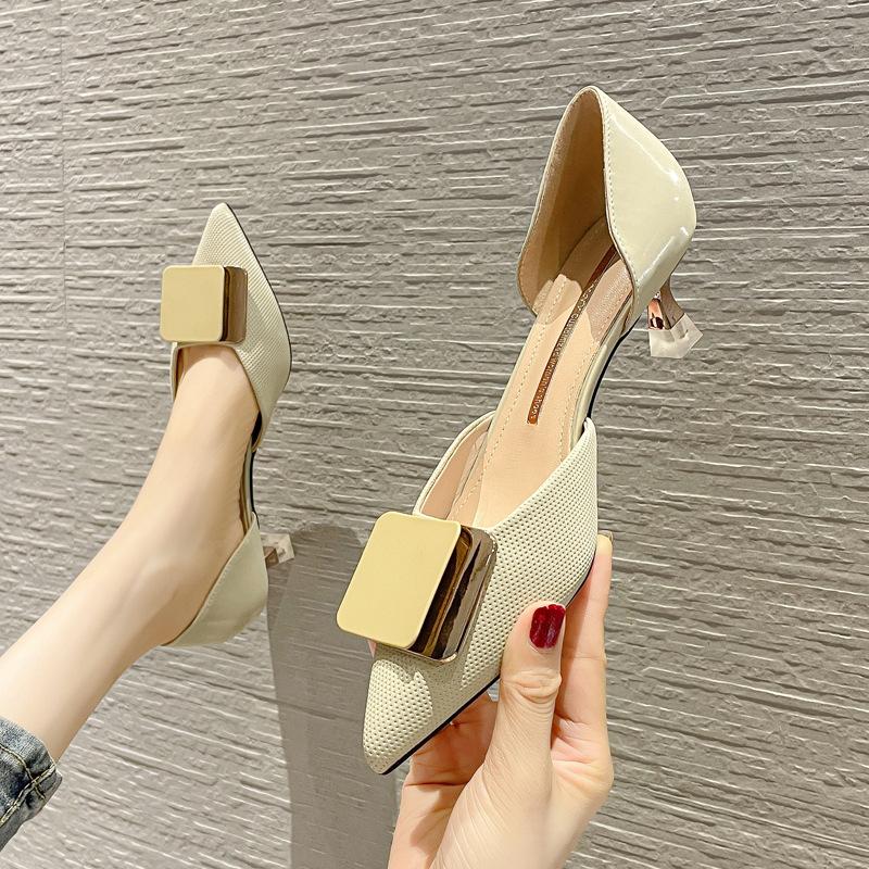

Dress Shoes 2022 Women Female Casual Work Ladies Fashion Metal Buckle Soft Pointed Toe Zapatos De Mujer Plataforma Thin Heels, Beige