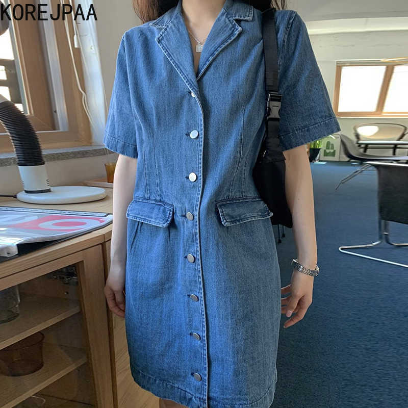 

Korejpaa Women Dress Summer Korean Chic Ladies Age-Reducing Retro Lapel Single-Breasted Loose Pocket Blue Denim Vestidos 210526